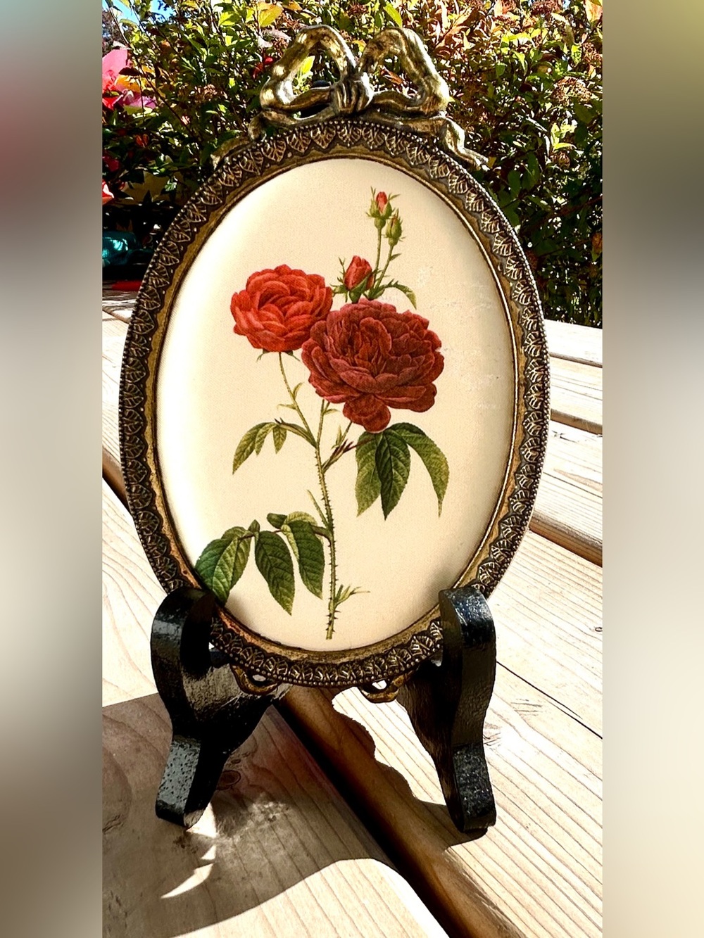 Hollywood Regency *2 Stunning Vintage Italian Brass Bow Frames, Satin Rose Art